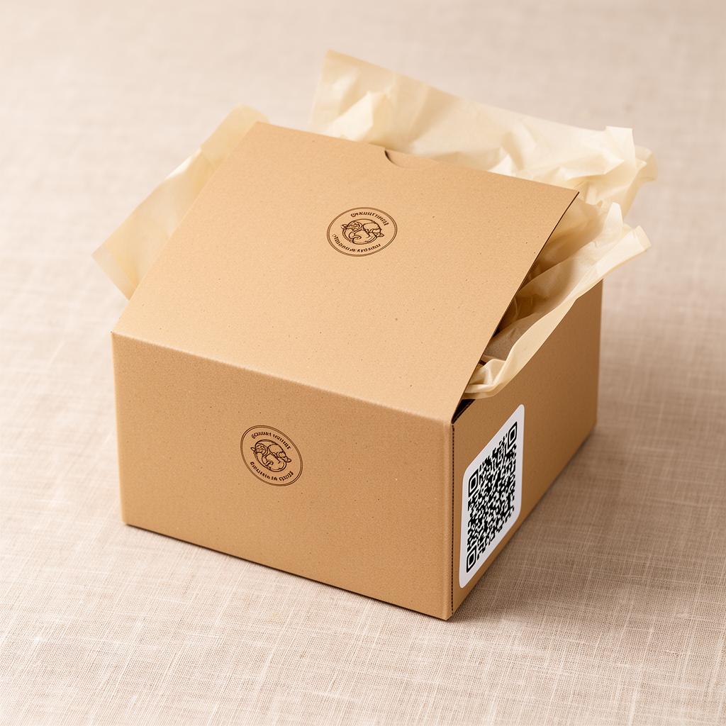 Caja de envío artesanal con código QR para guía Mindful Eating