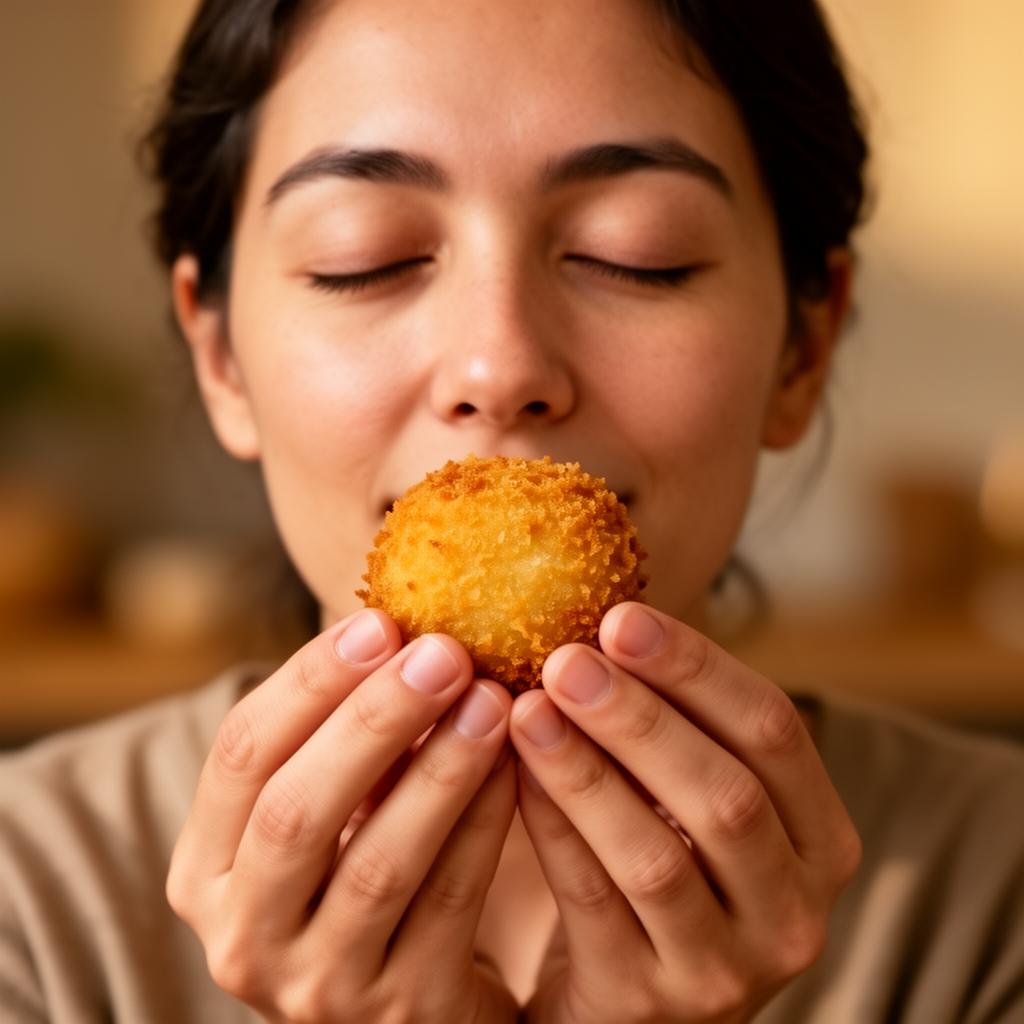 Momento de pausa consciente sosteniendo una croqueta gourmet